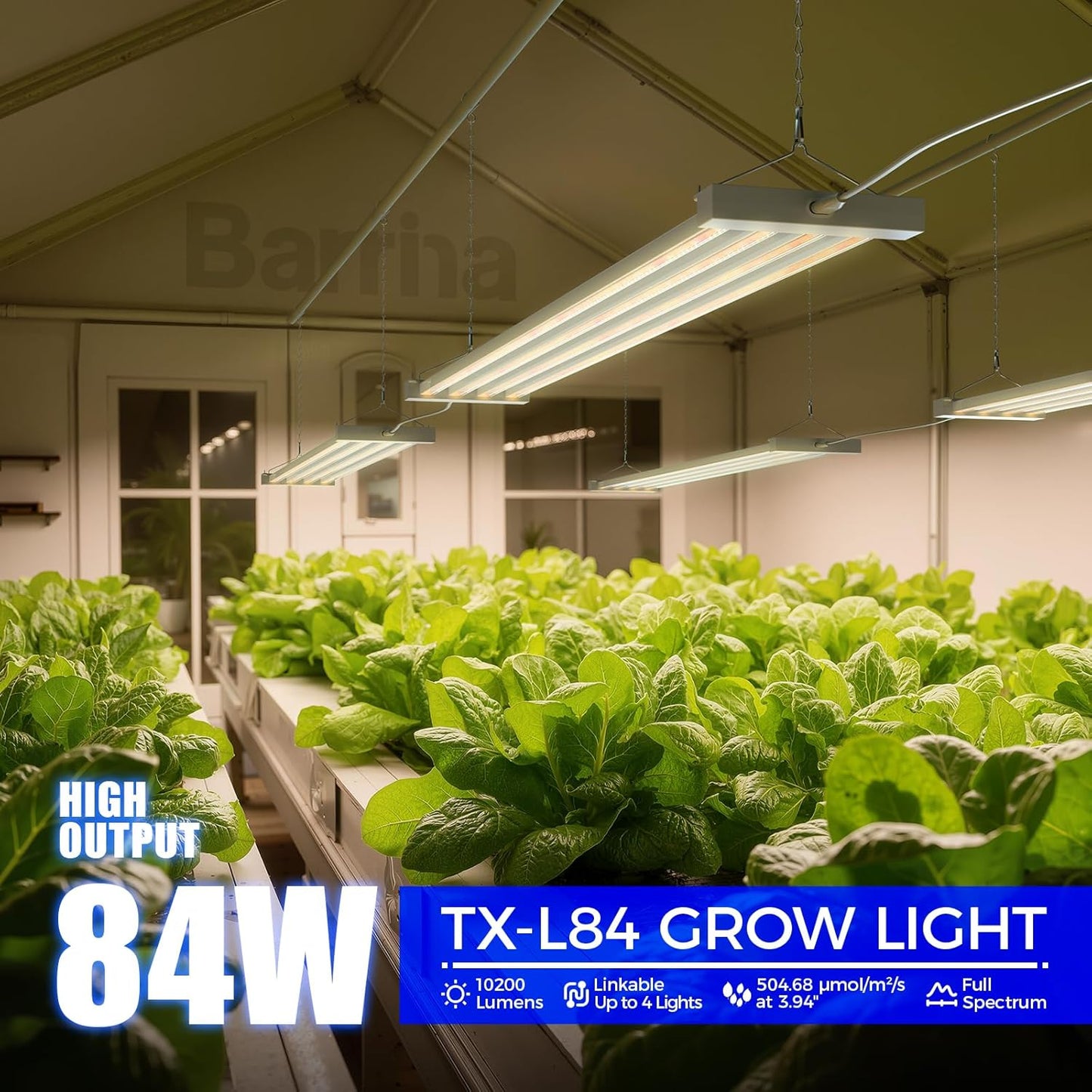 Barrina TX-L84 4FT LED Grow Light, 84W, 4 Panels Wider Coverage, Full Spectrum, High PPFD, Super Bright, Linkable, Hanging Fixture, Plant Stand with Grow Light for Indoor, Seeding, 1 Pack