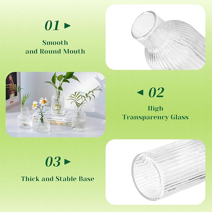 Hewory Glass Propagation vases for Plants: 4 PCS Ribbed Propagated Plant Holders for Hydroponic Cutting Flowers - Clear Propagation Stations Terrarium Jars for Home Office Decor Plant Lover Gifts