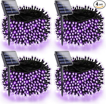 4 Pack Purple Solar Halloween Lights Outdoor Waterproof, 180FT 320 LED Solar String Lights with Green Wire 8 Modes Solar Fairy Twinkle Light for Tree Bush Garden Horror Party Halloween Decorations