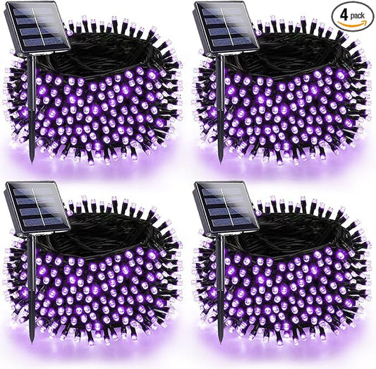 4 Pack Purple Solar Halloween Lights Outdoor Waterproof, 180FT 320 LED Solar String Lights with Green Wire 8 Modes Solar Fairy Twinkle Light for Tree Bush Garden Horror Party Halloween Decorations