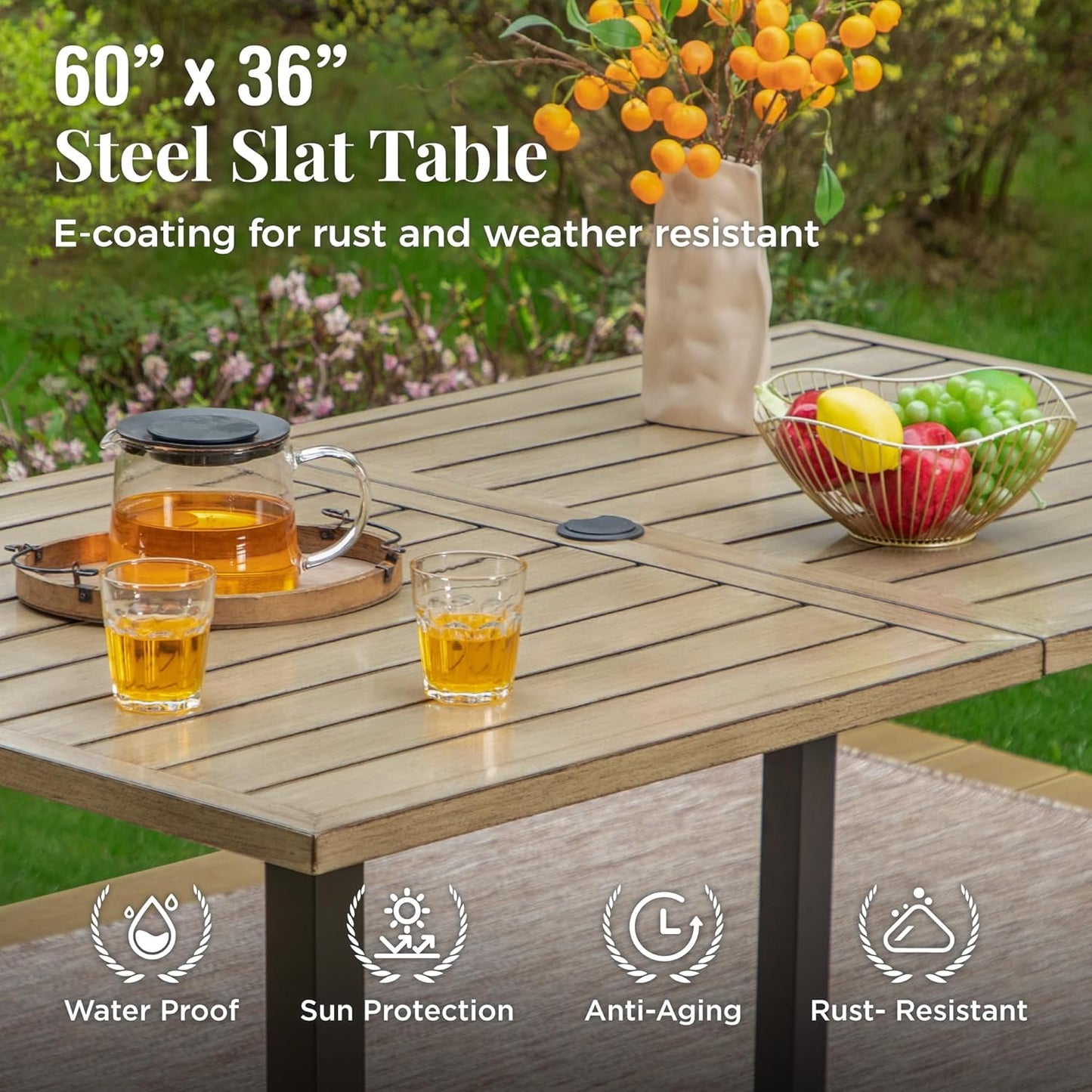 Outdoor Patio Dining Table for 6, 60" x 36" Rectangular Metal Patio Dining Table with Umbrella Hole for Garden, Backyard and Porch