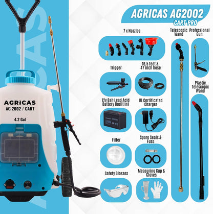 4.2 Gallon Battery Powered Sprayer with Cart - Professional Sprayer Gun - Wheeled Cart for Lawn & Garden with Adjustable Nozzles and Backpack, Weeding and Cleaning