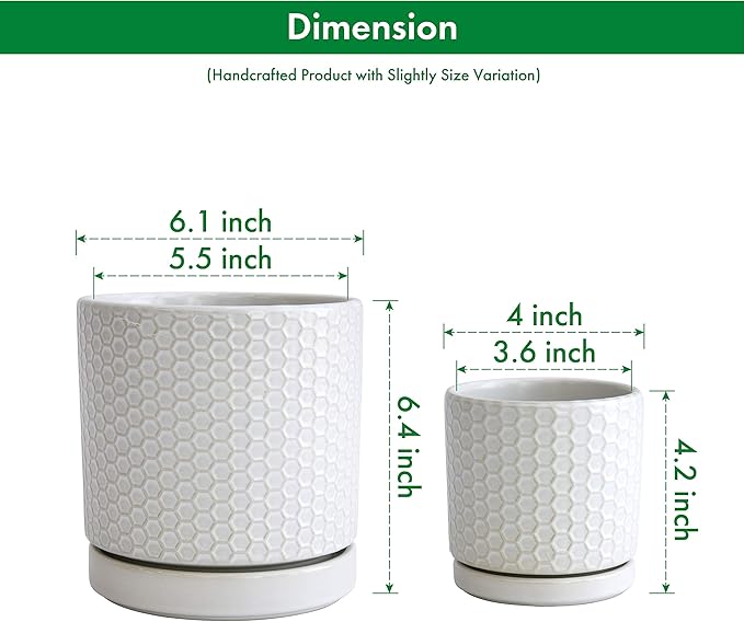 D'vine Dev Set of 2 Modern Matte White Honeycomb Embossed Ceramic Planter Pots with Saucer and Drainage Hole, 4 Inch & 6 Inch, 99-C-1-N