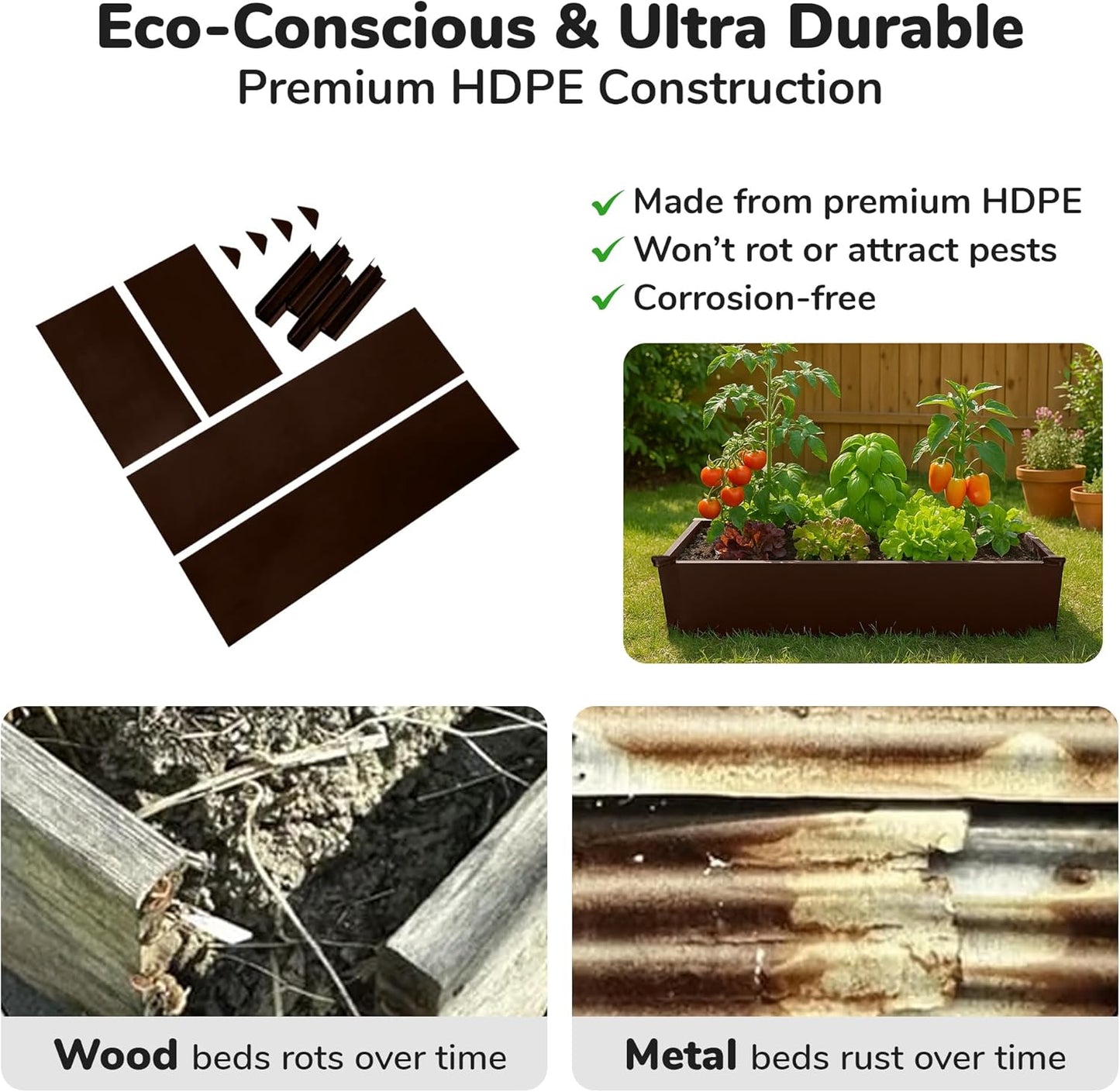 Raised Garden Bed - 2x4 ft Planter Box - Brown HDPE - No Tools Needed - DIY Kit for Urban Gardening, Flowers, Herbs & Vegetables - Made in The USA