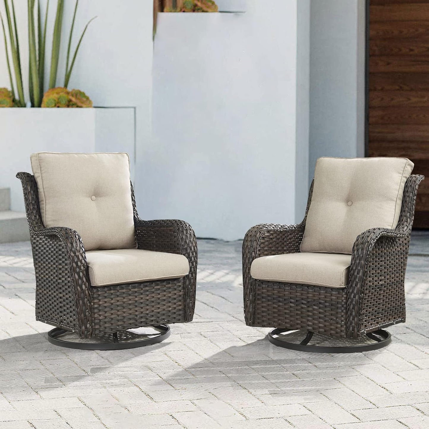 Outdoor Patio Swivel Rocker Chairs - Wicker Rattan Patio Swivel Rocking Chairs Set of 2 with High Back,Deep Seating and Comfort Cushions for Deck Porch Garden,Brown/Beige