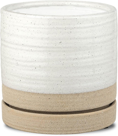 6 Inch Plant Pots, Ceramic Planter Pot with Drainage Hole & Saucer, Indoor/Outdoor Cylinder Round Planter Pot, White & Beige Glaze