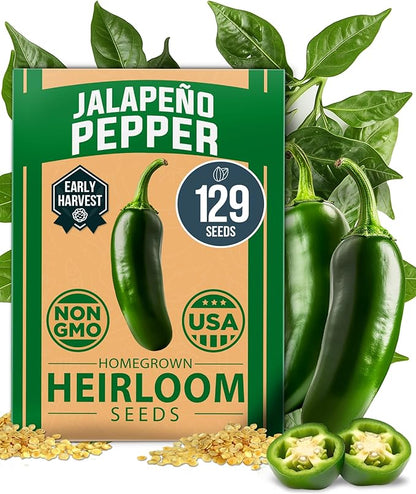 HOME GROWN 𝗨𝗦𝗔 𝗣𝗥𝗘𝗠𝗜𝗨𝗠 Jalapeno Pepper Seeds – 129 𝗡𝗢𝗡-𝗚?𝗢 Heirloom Seeds (Capsicum annuum) – High Germination, Easy to Grow, Early Harvest Hot Peppers