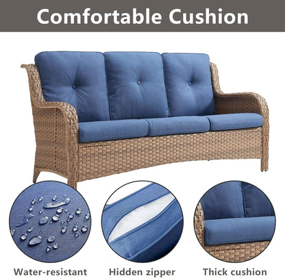 Outdoor Wicker Patio Furniture Set - 5 Piece Rattan Patio Conversation Set with 2 Rocking Swivel Chairs,2 Ottomans and 1 Sofa for Porch Deck Backyard Garden(Yellow/Blue)