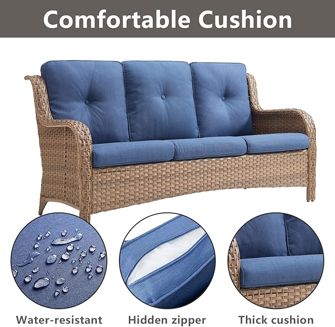 Rilyson Outdoor Patio Wicker Furniture Set - 5 Piece Rattan Patio Conversation Sectional Sofa Set with 1 Couch,2 Armchairs,2 Ottomans for Porch Deck Garden(Yellow/Blue)