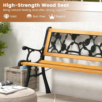Tangkula Outdoor Garden Bench Park Bench, Patio Iron Bench Chair with Cast Iron & Hardwood Structure, Weather Proof Porch Loveseat, Perfect for Backyard, Deck, Lawn, Poolside