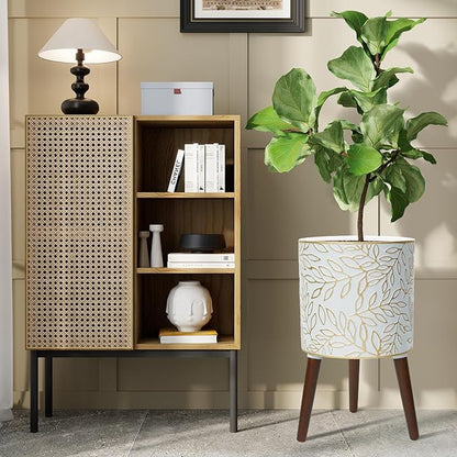 12inch Plant Pots with Wood Planter Holder Indoor Flower Pot with Gold Floral Embossed Modern Planters with Drainage Holes for Living Room, Office, Garden or Balcony