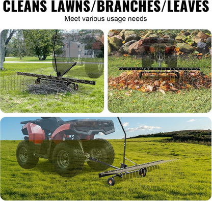 VEVOR Tow Behind Dethatcher, 60-inch Tow Dethatcher with 24 Steel Tines, Lawn Dethatcher Rake for ATV or Mower, Tow Behind Lawn Rake with Lift Handle for Leaves, Pine Needles, and Grass