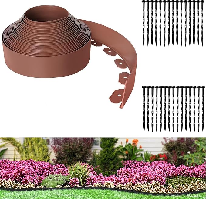 Landscape Edging Coil 33 FT, 4 Inch Tall Garden Edging Border Flexible Lawn Edging Kit with 30 Spikes, Plastic Edging for Landscaping Flower Beds Yard Pathway Paver Edging (4IN x 33FT, Brown)