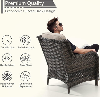 5 Pieces Patio Conversation Set, Wicker Chairs Set of 2 and Two Ottomans with 3.5-inch Seat Cushions, 1 Side Table High Back and Curved Armrest for Backyard, Balcony and Deck, Beige