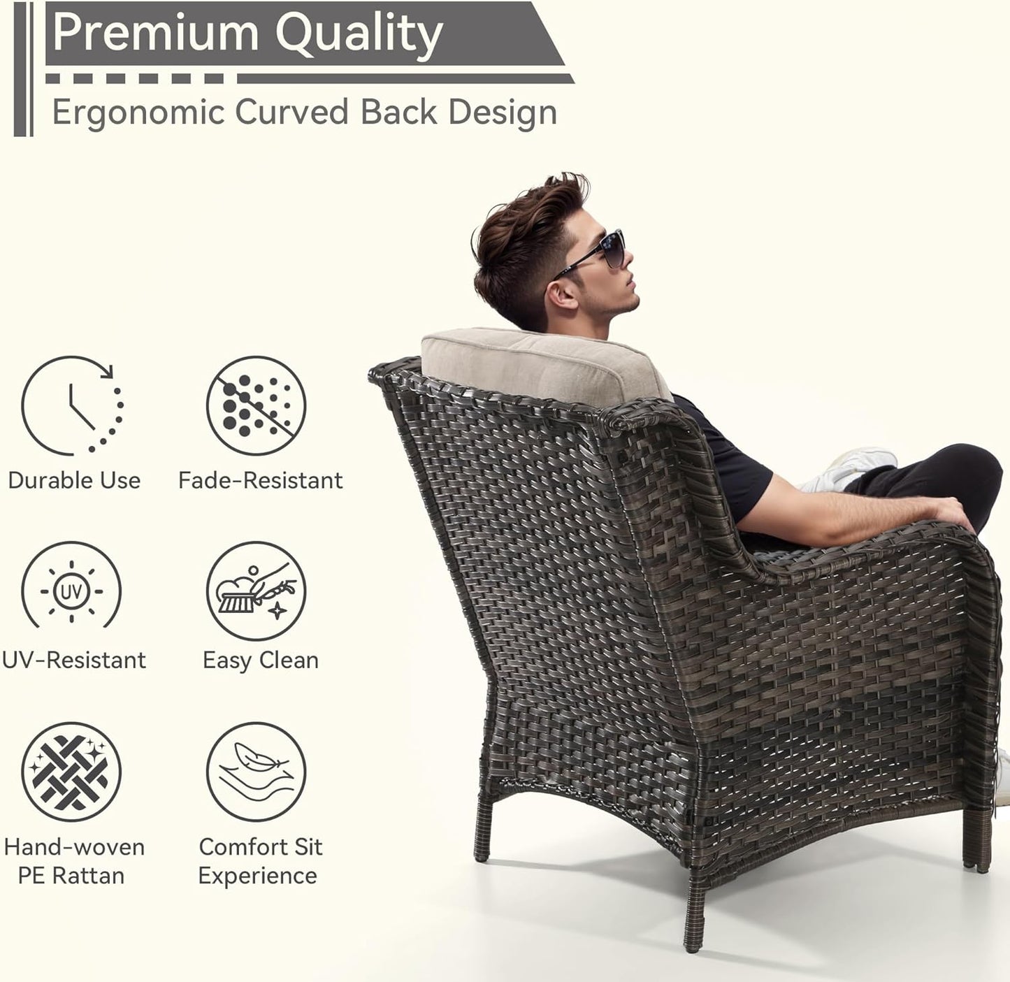 Patio Wicker Chairs Set of 2, Patio Rattan Dining Chairs with 3.5-inch Seat Cushions, High Back and Curved Armrest for Garden, Backyard, Balcony and Deck, Beige