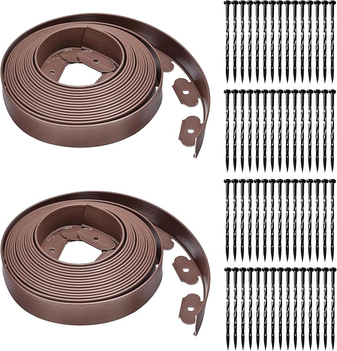 Landscape Edging Coil 66 FT, 2 Inch Tall Garden Edging Border Flexible Lawn Edging Kit with 60 Spikes, Plastic Edging for Landscaping Flower Beds Yard Pathway Paver Edging (2IN x 66FT, Brown)