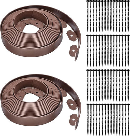 Landscape Edging Coil 66 FT, 2 Inch Tall Garden Edging Border Flexible Lawn Edging Kit with 60 Spikes, Plastic Edging for Landscaping Flower Beds Yard Pathway Paver Edging (2IN x 66FT, Brown)