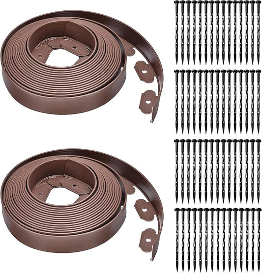 Landscape Edging Coil 66 FT, 2 Inch Tall Garden Edging Border Flexible Lawn Edging Kit with 60 Spikes, Plastic Edging for Landscaping Flower Beds Yard Pathway Paver Edging (2IN x 66FT, Brown)