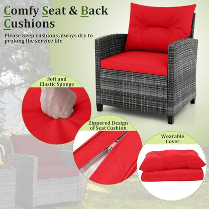 RELAX4LIFE Wicker Patio Furniture Sets - 3 Pieces Rattan Sofa Set, Outdoor Conversation Set with Tempered Glass Tabletop, Heavy-Duty Steel Frame, Wicker Chair Set for Poolside, Backyard (Grey-Red)