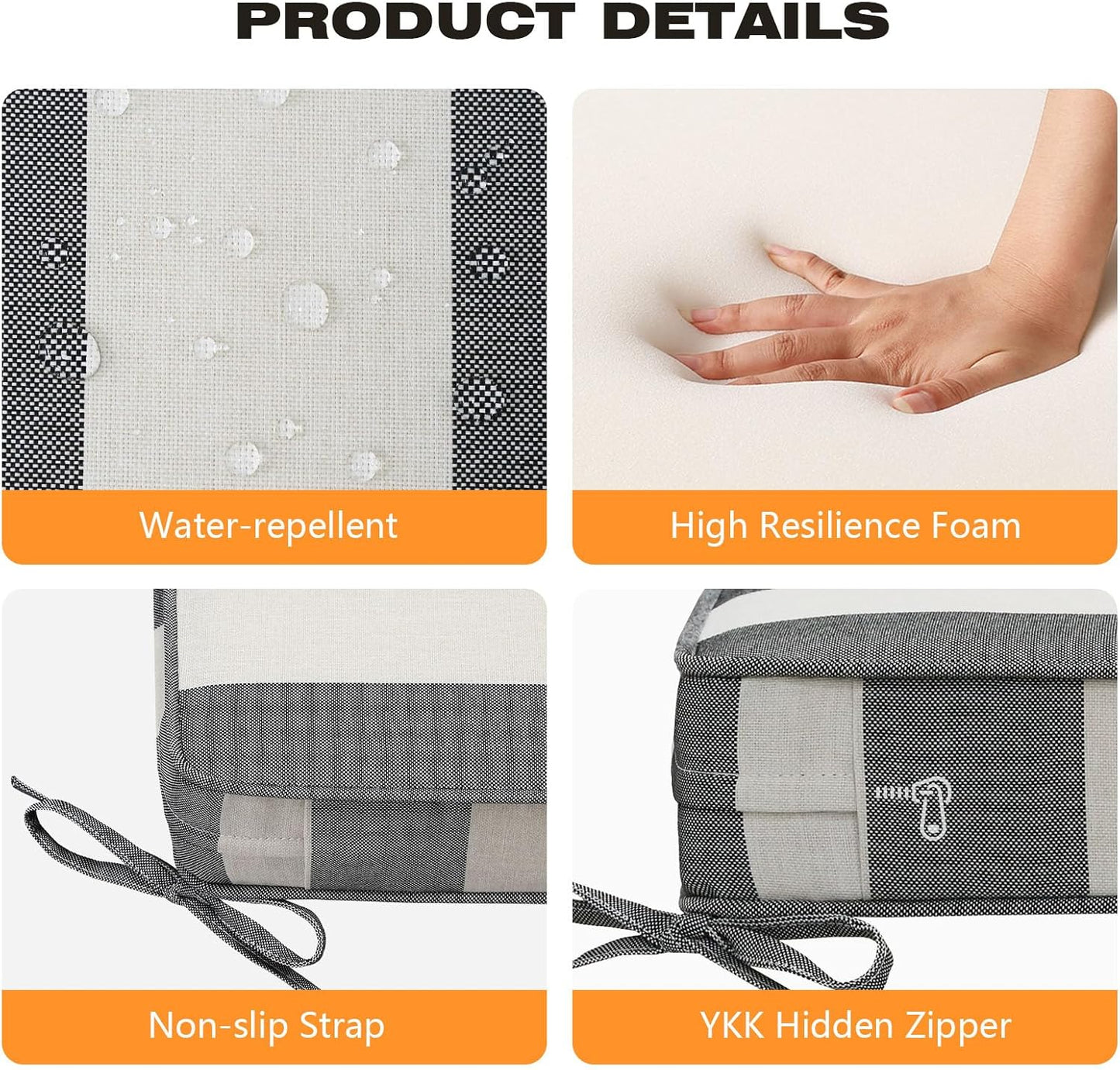 Square Corner Seat Cushions, 19" x 19" x 3", Set of 4, Indoor Outdoor Water Repellent Universal Chair Pads with Ties for Patio Furniture, Garden Deck Dining Chairs, Gray Stripe