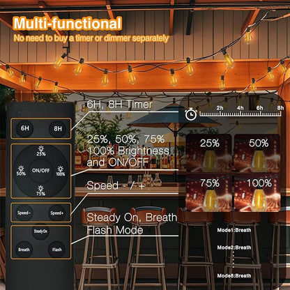 DAYBETTER 100ft Solar String Lights Outdoor Waterproof 50 Bulbs 2700K Warm White Outdoor String Lights Solar Powered 5W Solar Panel, 12+ Hours Runtime Luces solares automáticas