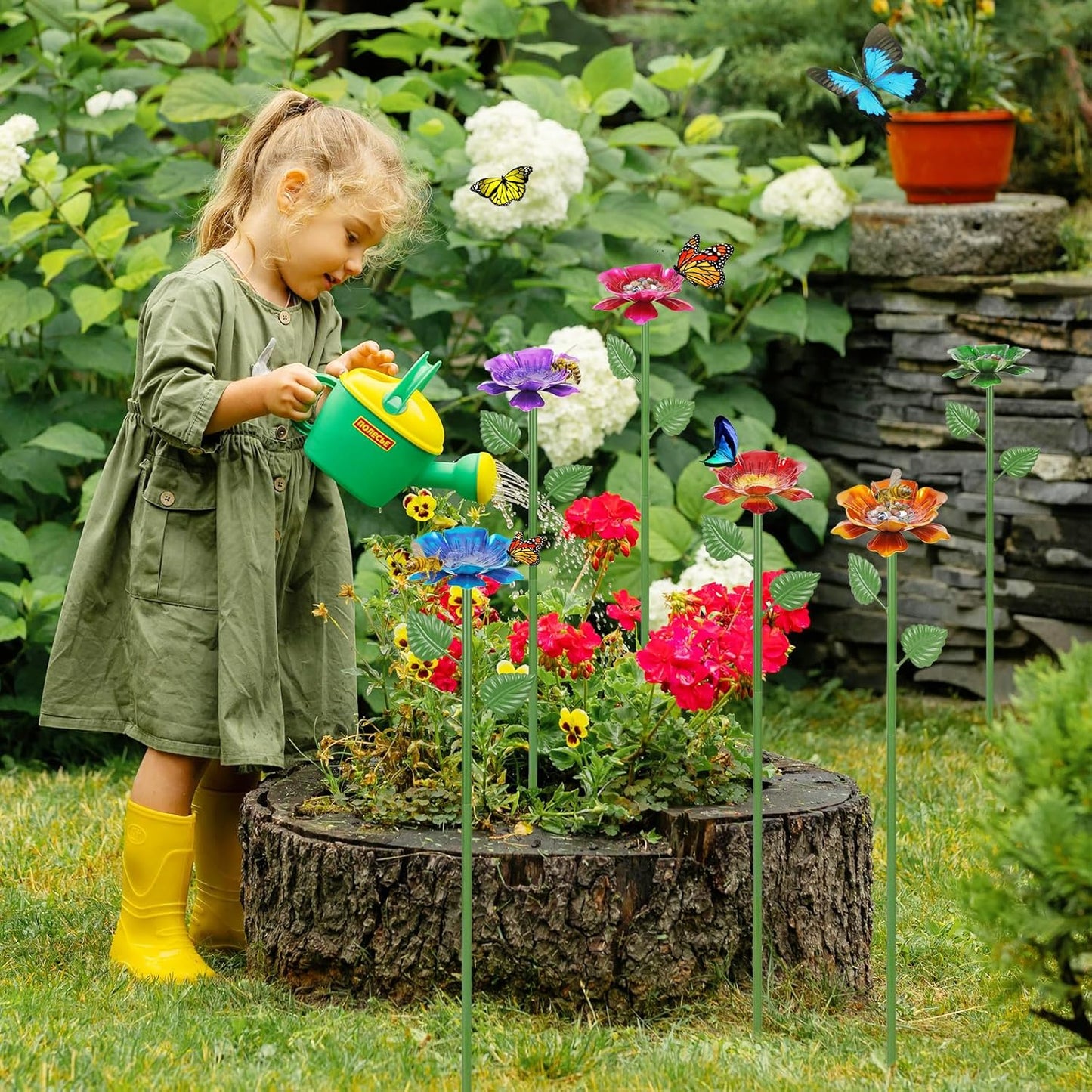 4 Pack Bee Watering Station - Flowers Butterfly Feeder, Bee Water Feeders for Outside, Metal Garden Decor, Bee Baths for Garden Yard Patio (Blue,Yellow,Red,Green)