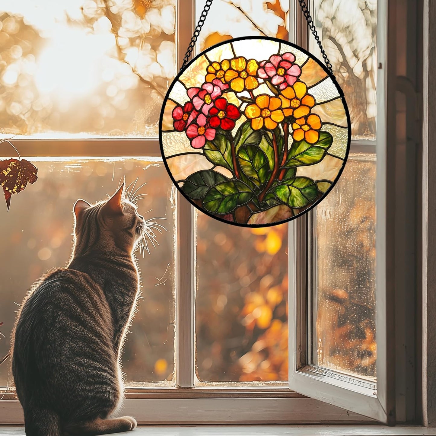 Stained Glass Window Hanging, Yellow Red Flowers Sun Catcher for Window Door Home Decor Green Plant Suncatcher Christmas Mother's Day Birthday Gifts for Women Men Mom and Nana 15 in