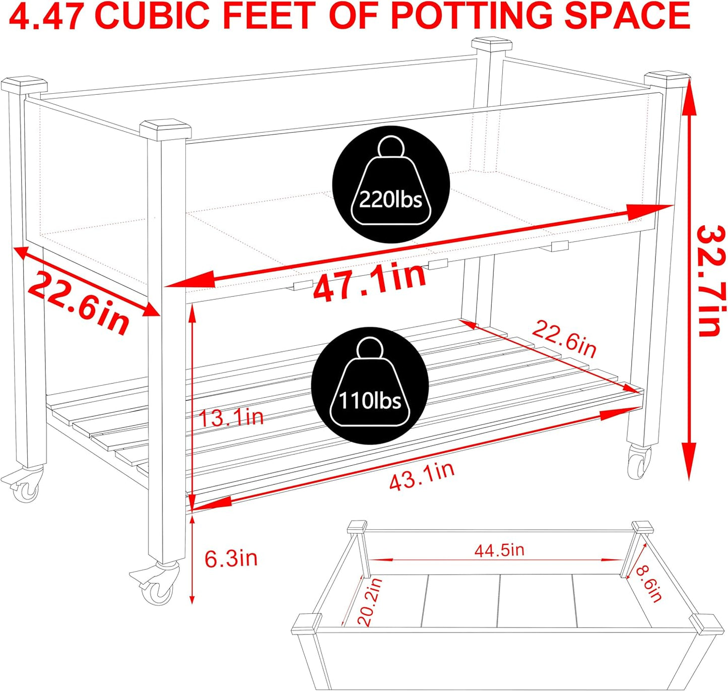 MUPATER 4 x 2 Raised Garden Bed, Elevated Garden Bed with Drainage Holes, Planter Box with Four Wheels and Legs for Herbs and Vegetables, Greenhouse, Garden, Farm, Gray
