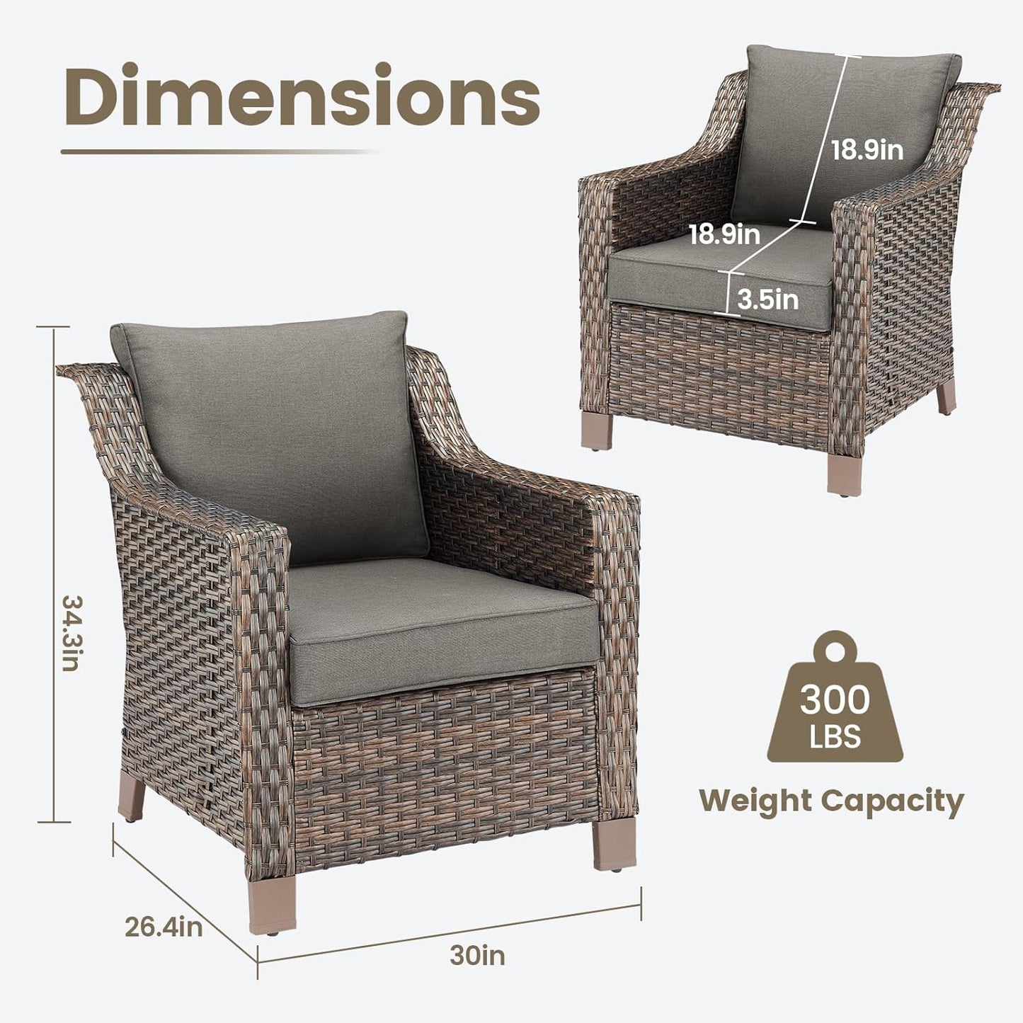 Outdoor Wicker Patio Chairs Set of 2 - Heavy Duty Outside Modern PE Rattan Lawn Chair for Front Porch Balcony Backyard Yard Deck Poolside Apartment – Brown/Grey