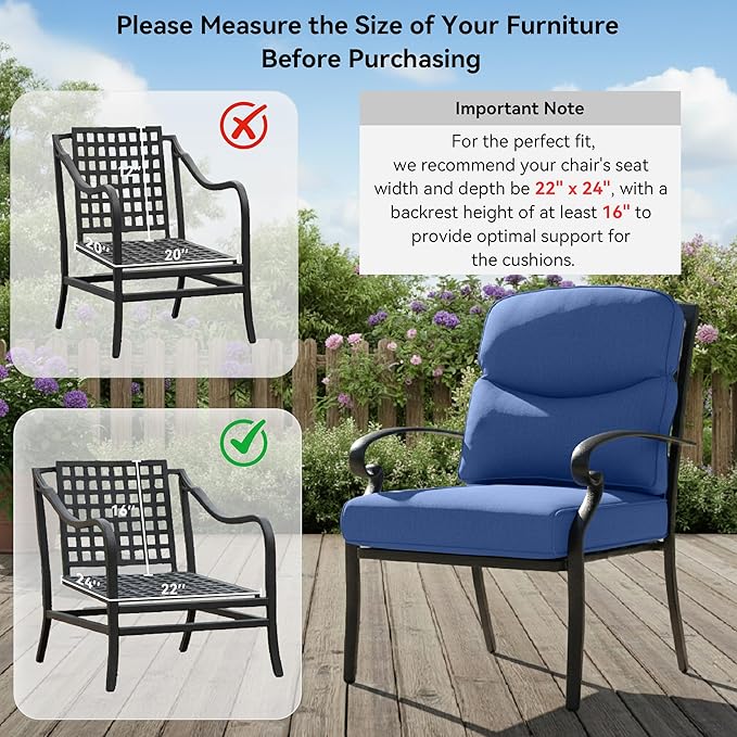 Outdoor Rattan Chair Cushions 2 Packs - Outside High Back Comfortable Thickened Pillow 22x24 with Zipper Cover for Patio Rocking Swivel Chairs Loveseat Sofa – Blue/Crescent