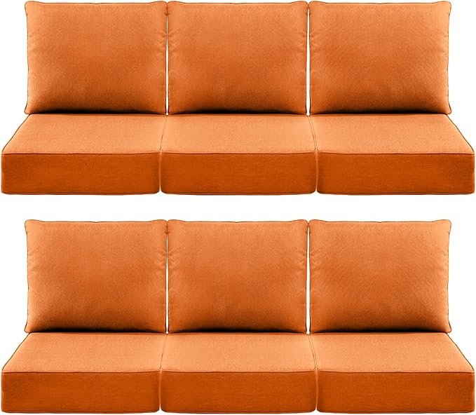 Luxury 6" Outdoor Cushions for Patio Furniture, 24x24x6" Thick Seat Cushion Set of 6, Fade Resistant Couch Chair Replacement Cushions High Density Deep Wicker Chair Cushion w/ Removable Cover, Orange