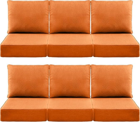 Luxury 6" Outdoor Cushions for Patio Furniture, 24x24x6" Thick Seat Cushion Set of 6, Fade Resistant Couch Chair Replacement Cushions High Density Deep Wicker Chair Cushion w/ Removable Cover, Orange