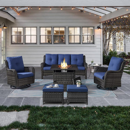 Outdoor Patio Furniture Set with Propane Fire Pit Table, 7 Pieces Wicker Patio Conversation Set with 2 Swivel Glider Rocker Chairs Rattan Sofa Blue Cushion Perfect for Casual Gathering Gray