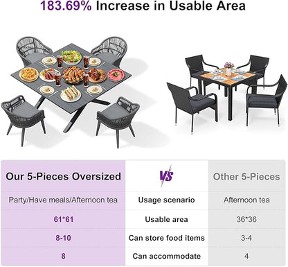 PURPLE LEAF 5 Pieces Oversized Square Patio Dining Set with Outdoor Aluminium Dining Table and Woven Chairs Modern Metal Furniture Cushions Sets for Garden Yard Indoor Decor Kitchen Gray