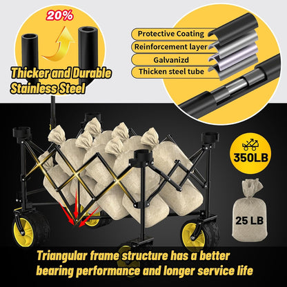 Collapsible Extended Wagon with Big All-Terrain Wheels 350LB& Oversized Outdoor Heavy Duty Utility Garden Cart Foldable Large Beach Wagon for Sand Fishing Camping Portable Grocery Pull Cart