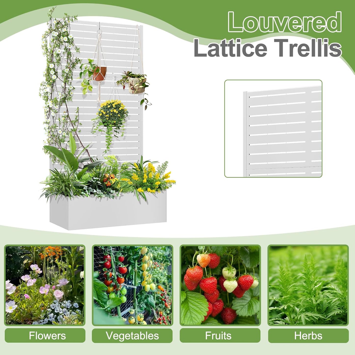 Trellis for Climbing Plants Outdoor，Mental Garden Bed with Drainage Holes Outdoor Privacy Screen Design Tall planters for herb Flower Vegetables 73"x35"x16", White-Louvered