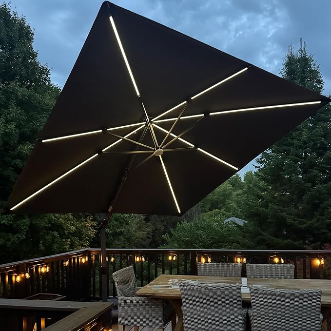 PURPLE LEAF 10 Feet Patio Umbrella Outdoor Cantilever Solar Powered LED Swivel Square Umbrella Aluminum Offset Umbrella with 360-degree Rotation for Garden Deck Pool Patio, Grey