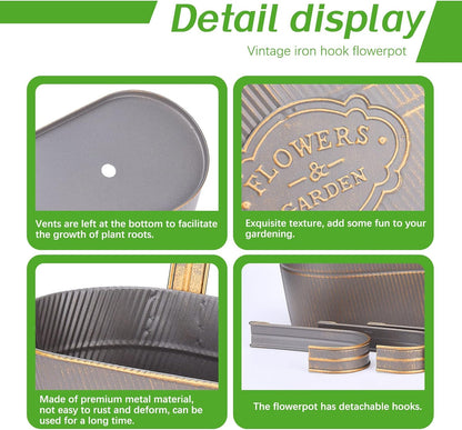 PerGar Vintage Metal Iron Wall Hanging Flower Pots, Rustic Planter Bucket Herb Flower Plant Holder with Detachable Hooks & Drainage Hole for Railing Fence Balcony Deck Garden Home Decoration, Set of 3