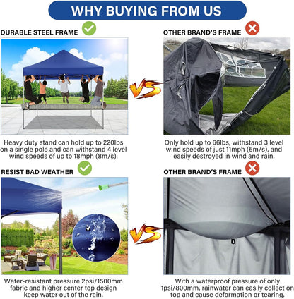 COBIZI 10x10 Pop up Canopy Heavy Duty Without Sidewalls, Easy Set-up Commercial Outdoor Party, 100% Waterproof Wedding Canopy Gazebo, 3 Height Adjustable with Handle Bag,Dark Blue
