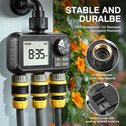 Sprinkler Timer,3 Outlets Programmable Water Timer with Brass Inlet for Garden Hose,Outdoor with Rain Delay/Manual/Automatic Watering System,Digital Irrigation Timers for Yard,Lawn