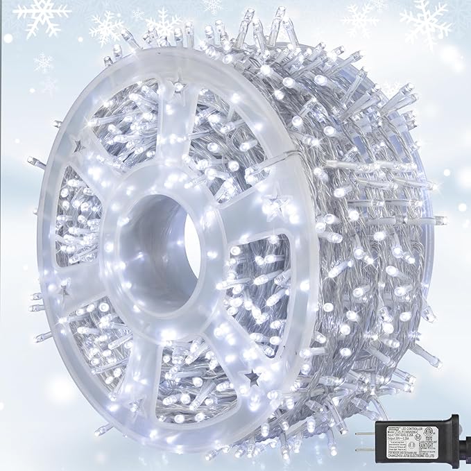 weillsnow 164 FT 500 LED Christmas Lights Outdoor, Waterproof Christmas Fairy Lights with Timer, Plug in White LED String Lights with 8 Modes for Bedroom Wedding Party Xmas Decoration