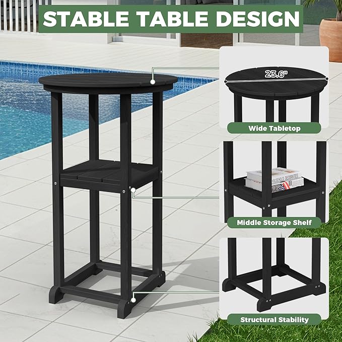 HDPE Outdoor Patio Bar Set with Bar Height Table and 2 Adirondack Chairs, All-Weather High Top Outside Round Pub Furniture for Bistro, Garden, Backyard, Deck | 3-Pieces, Matte Black