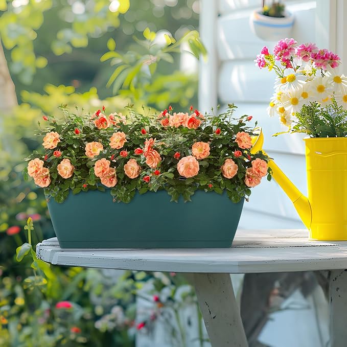 HAITRAL Railing Planter Boxes (16.9 Inch, 4 Pack) Green Plastic Deck Rail Planter for Outdoor Plants, Hanging Window Boxes Planter with Drainage Tray for Over Rail Porch Fence,Balcony & Home Decor