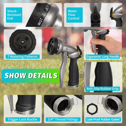 AUTOMAN Garden Hose Nozzle - 7 Patterns Sprayer, 100% Metal High Pressure Spray Nozzle, Labor-Saving Design, Heavy Duty Water Hose Nozzle for Garden Watering, Car Washing, Window Cleaning,Pets Bathing