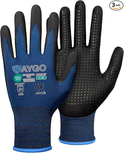 KAYGO MicroFoam Nitrile Coated Work Gloves, 3 Pairs KG19N Seamless Knit Nylon, Micro Dots for Enhanced Grip, Breathable and Durable, Ideal for Automotive, General Assembly, Painting, Blue, M