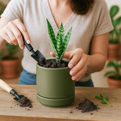 D'vine Dev 4.7 Inch Ceramic Planter Pot with Drainage Hole and Saucer, Indoor Cylinder Round Planter Pot, Olive, 94-O-B-J