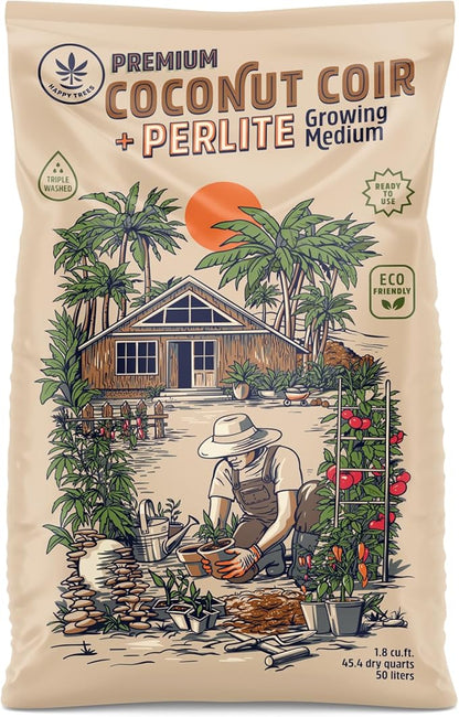 Happy Trees Coco Coir and Perlite Growing Medium, Potting Mix, Seed-Starting, Premium Quality Triple-Washed for Low Salt/EC, pH Balanced Loose Coconut Fiber, Peat-Free, 9 Quarts (10L)