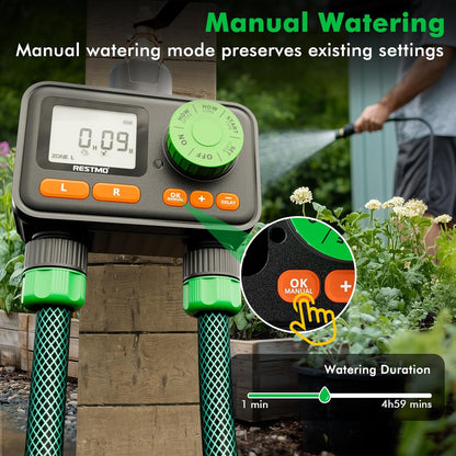 RESTMO 2 Zone Sprinkler Timer, Programmable Water Timer for Garden Hose, Automatic Control | Manual ON/Off | Rain Delay for Outdoor Faucet, Drip Irrigation and Lawn Watering System