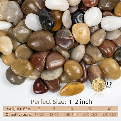 River Rocks 20lbs, 1-2Inch Mixed Color Natural Pebbles for Plants, High Polished Decorative Stones for Aquarium Vase Filler Fish Tank Landscaping Garden