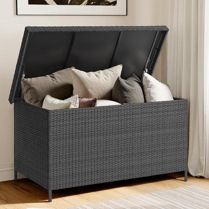 158 Gallon XL Deck Box with Lid, All Weather Wicker Outdoor Storage Box Waterproof, Large Outdoor Patio Storage Bin for Cushions, Garden Tools, Gears, Pool Accessories, Black